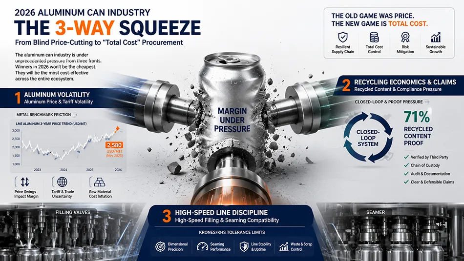A B2B supply chain matrix breaking down the three-way industry squeeze on pop can procurement: aluminum price volatility, recycling economics, and filling-line discipline