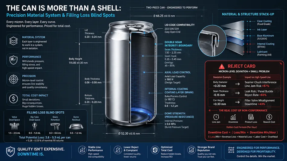 An engineering blueprint of a two-piece aluminum beverage can analyzing technical tolerances including dome strength, axial load, and double seam integrity
