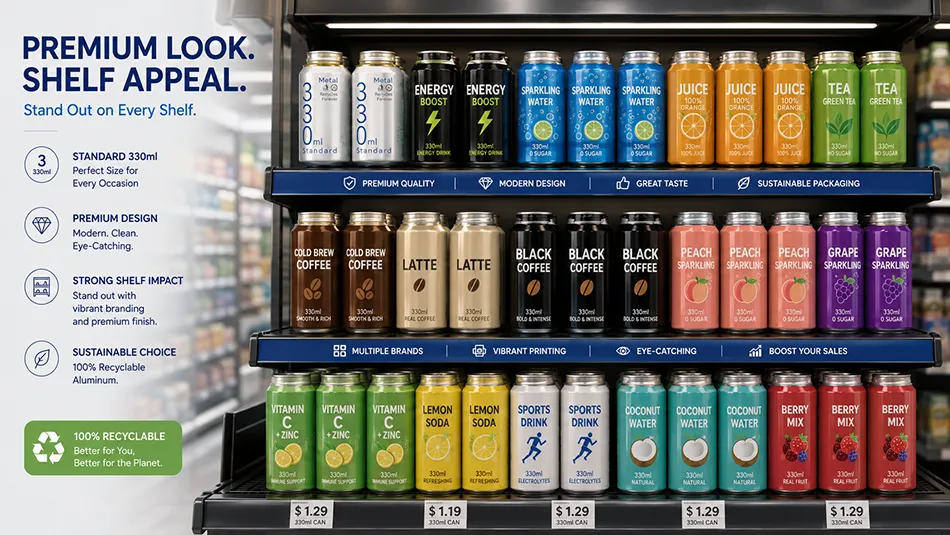 retail shelf display with screw cap aluminum beverage cans