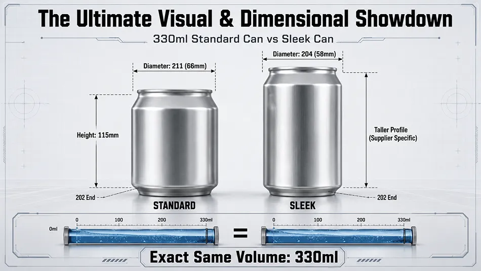 A technical 3D engineering dimension comparison between a 330ml standard aluminum can 211 diameter and a 330ml sleek can 204 diameter