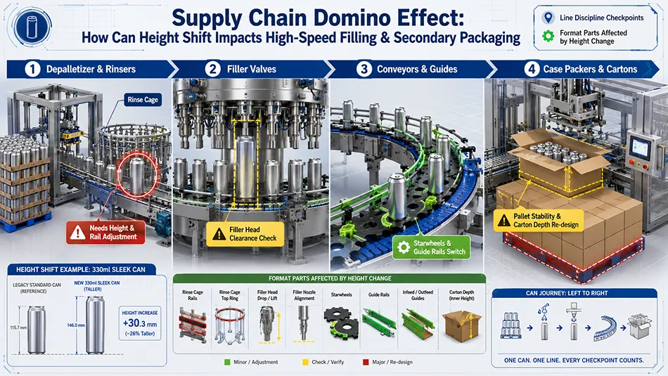 An operational flowchart showing how changing aluminum can height affects depalletizers, rinse cages, filler valves, and case packers