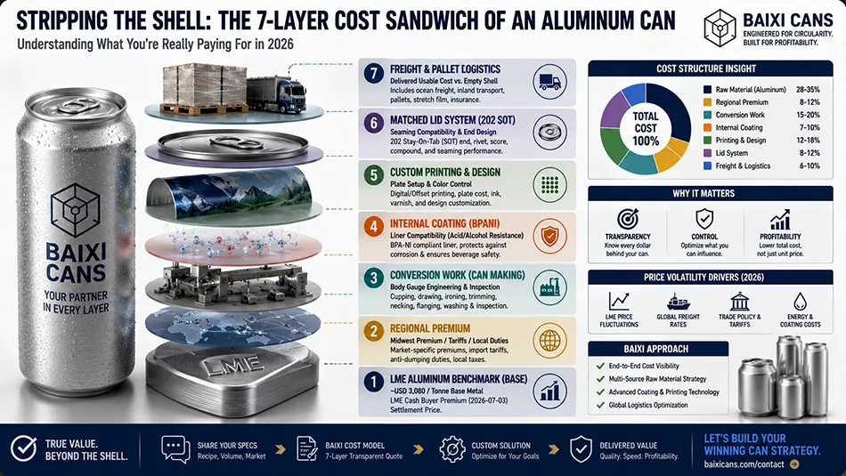 A technical cost breakdown diagram of a finished aluminum beverage can, stacking LME benchmark, Midwest premium, conversion work, printing, and lid logistics