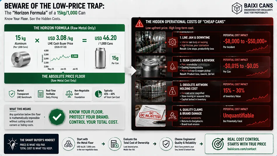 A financial matrix illustrating the raw metal value floor of 15kg per 1000 aluminum cans compared against high-speed line downtime and leakage risks
