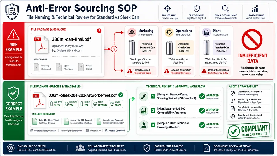 A B2B procurement workflow visual defining the error-free file naming and technical verification standard for 330ml can buying
