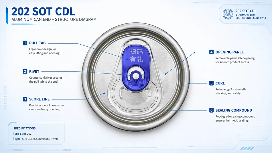 structure diagram of 202 SOT CDL can lid with tab rivet and score line
