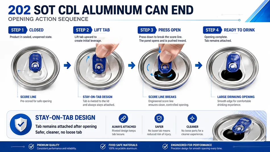 stay on tab opening action for 202 SOT CDL soda lid