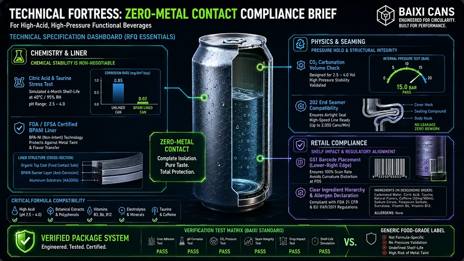 A technical compliance checklist infographic for energy drink canning, covering pH acidity, carbonation pressure, and FDA/EFSA approved liners