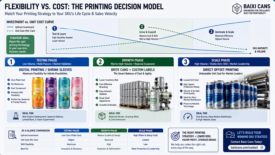 A cost efficiency curve diagram comparing offset printing, digital direct-to-can printing, and shrink sleeves based on order volume and SKU test certainty