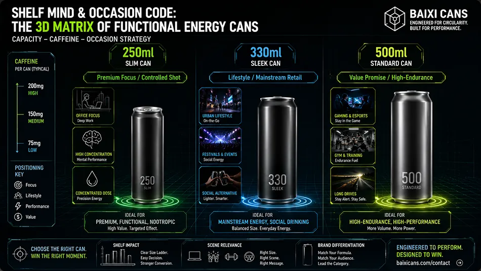 A professional B2B packaging matrix comparing 250ml slim, 330ml sleek, and 500ml aluminum cans across energy drink occasions and caffeine dosing