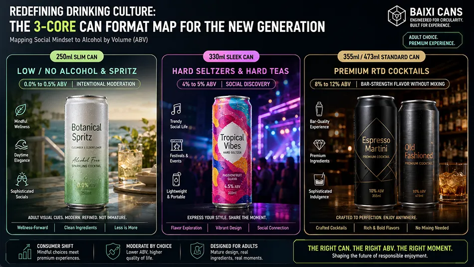 A dynamic B2B infographic mapping aluminum can formats like 250ml slim and 330ml sleek against RTD cocktails, hard seltzers, and no-alcohol analogues