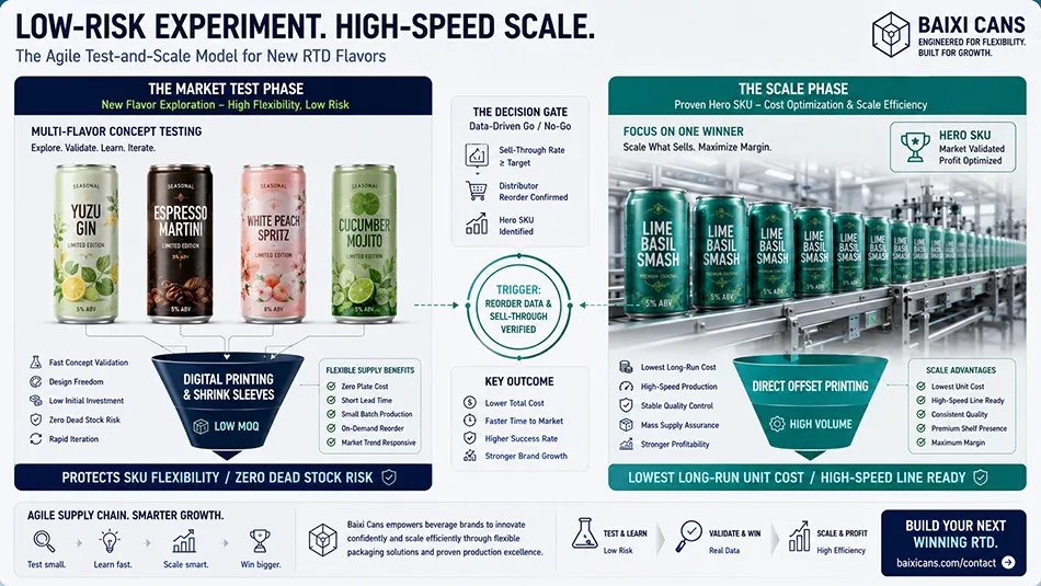 A cost risk management chart for RTD alcohol sourcing comparing direct-to-can digital printing and offset printing for flavor launches