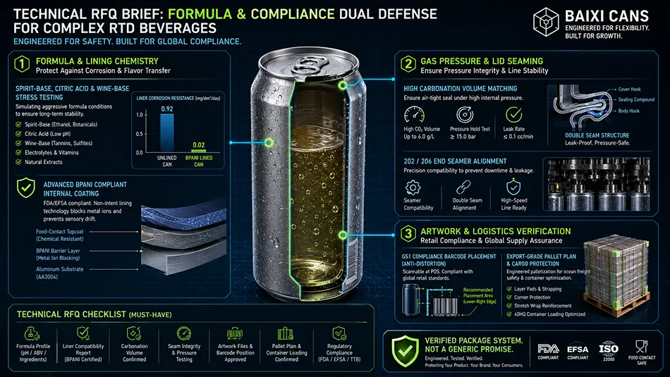 A technical compliance briefing checklist for RTD alcohol canning, detailing pH values, spirit-base compatibility, and lid specifications