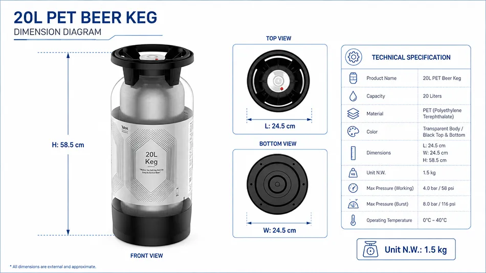 20L PET beer keg dimensions 24.5cm by 58.5cm
