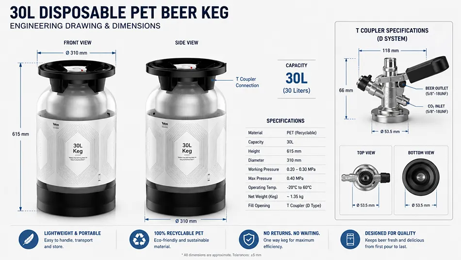 30L PET beer keg dimensions and specifications