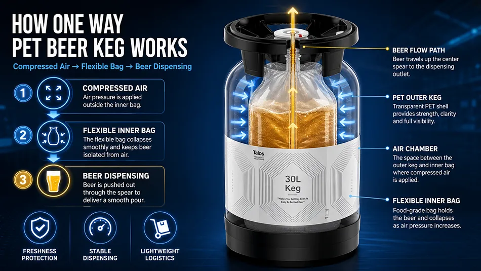 how a disposable PET beer keg works with compressed air