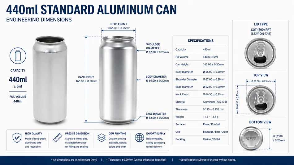 440ml aluminum can dimensions for beverage packaging