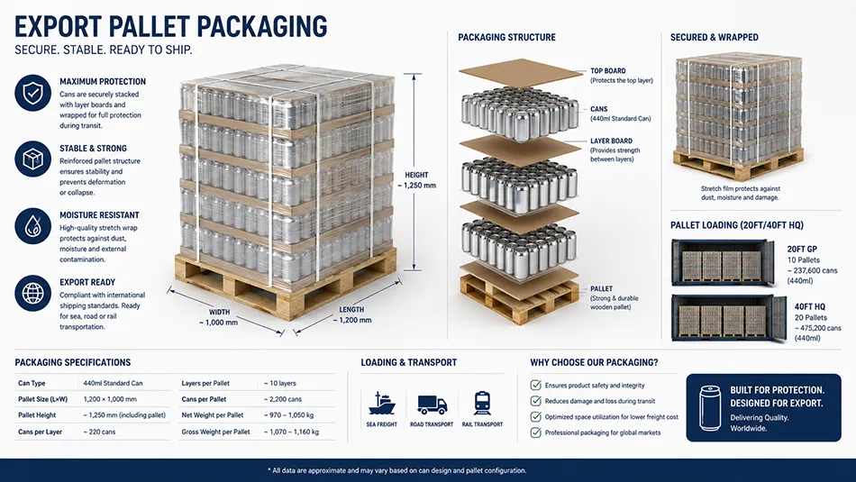 export pallet packaging for 440ml standard aluminum cans