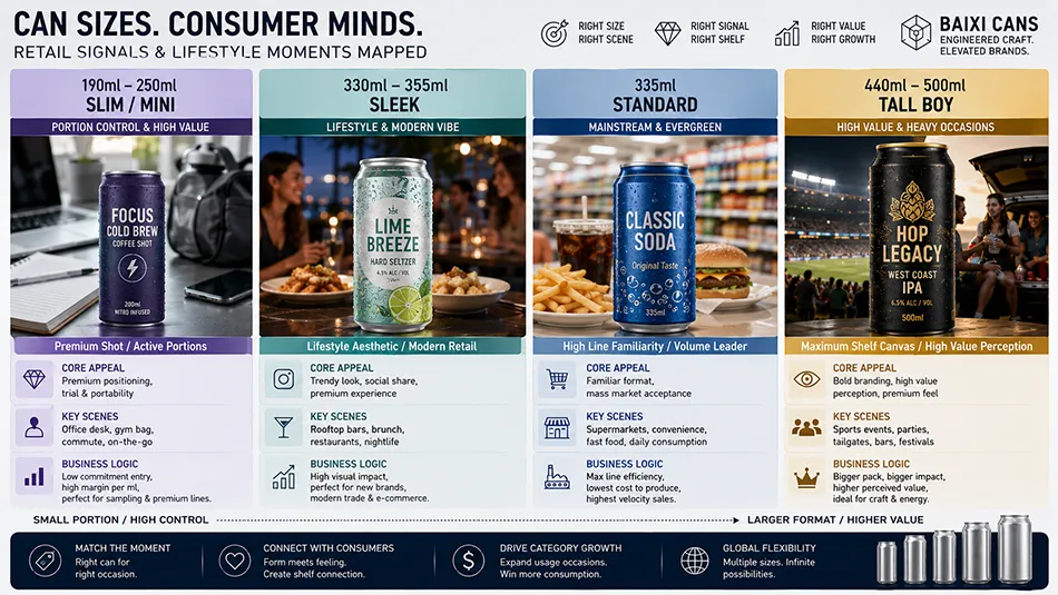 A retail orientation chart mapping aluminum can sizes from 190ml to 500ml against target beverage categories and retail shelf space