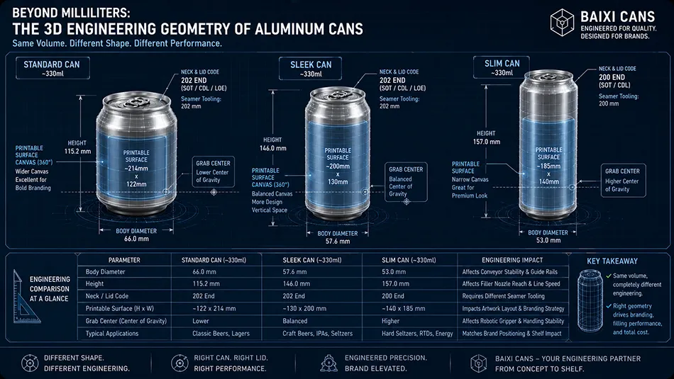 A technical engineering diagram comparing standard, sleek, and slim aluminum can geometries, highlighting body diameter, neck height, and lid codes