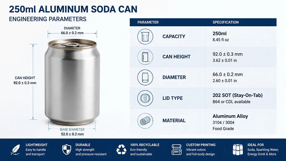 250ml aluminum soda can dimensions and specifications