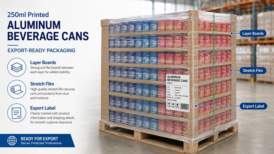 pallet packaging of 250ml aluminum soda cans for export