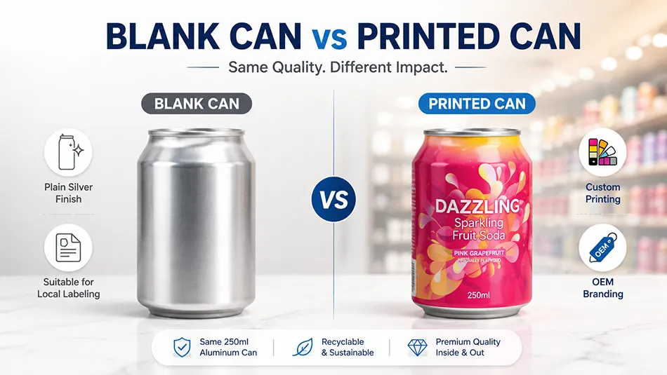 blank and printed 250ml aluminum soda cans comparison