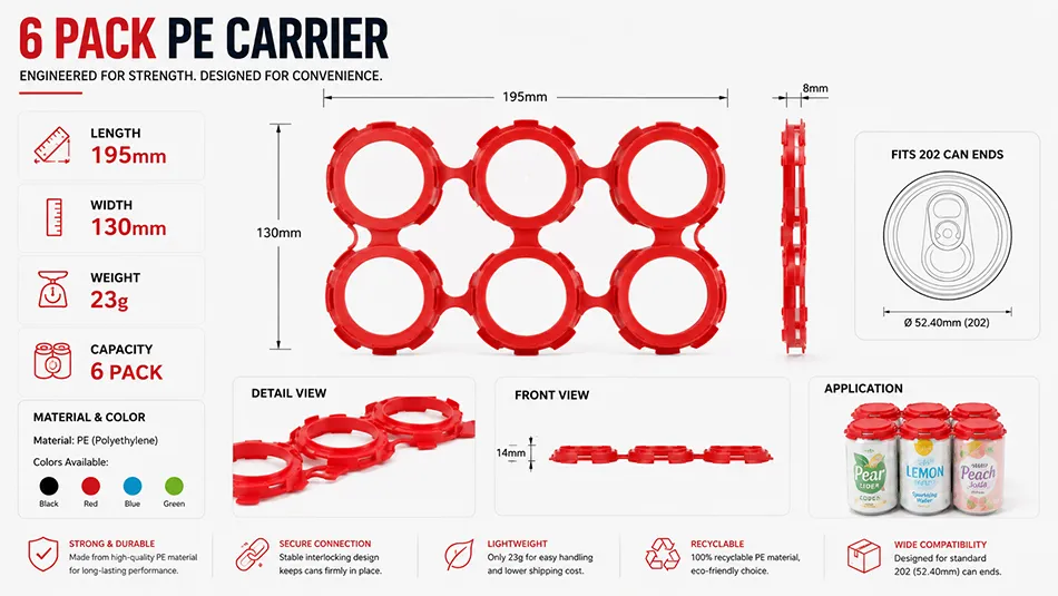 6 pack PE can carrier dimensions 195mm by 130mm