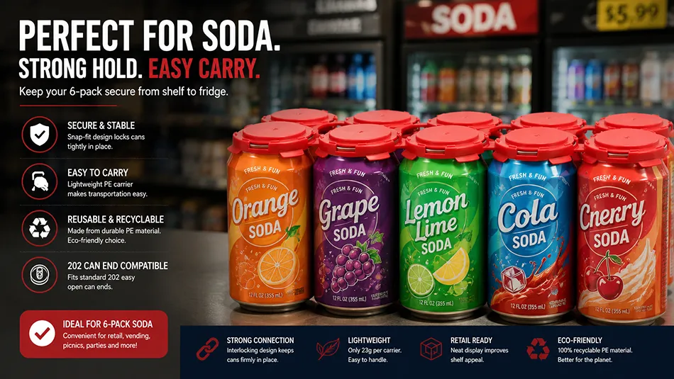 red 6 pack plastic can carrier for soda and carbonated drinks