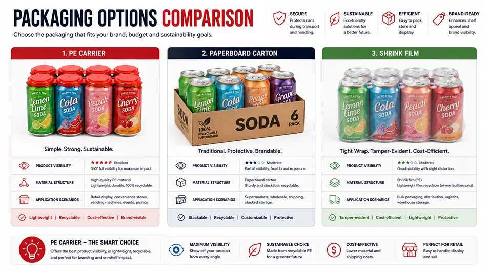 PE can carrier compared with paperboard carton and shrink film