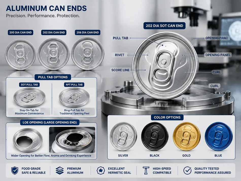 200 202 and 206 aluminum can ends with SOT and RPT opening types