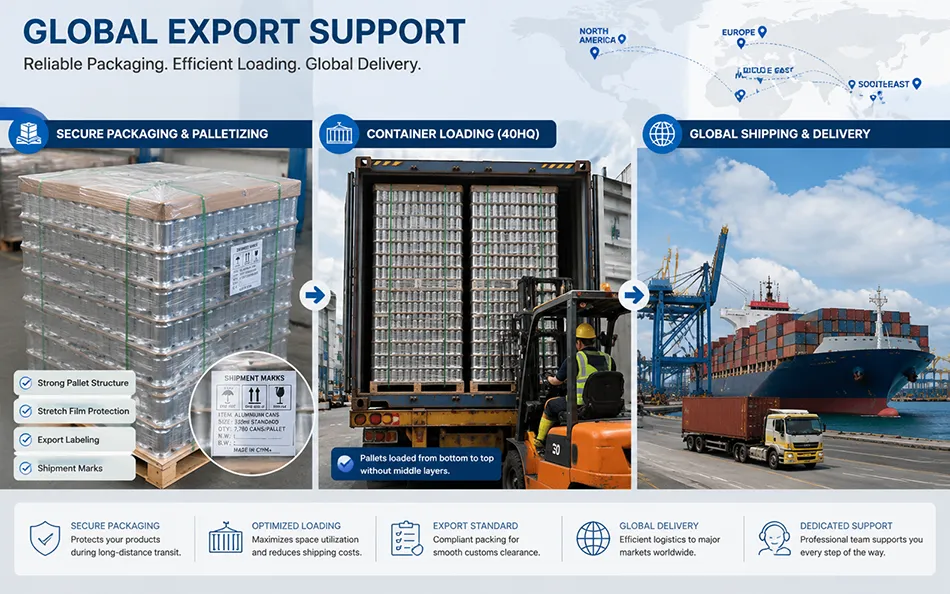 Export pallet packing container loading and international beverage packaging shipment support