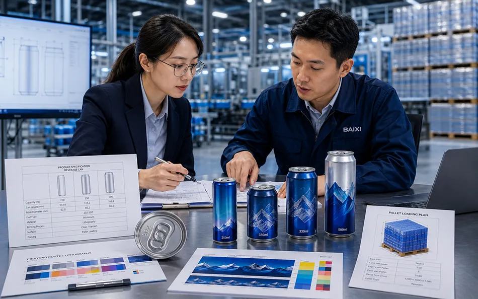 BaiXi beverage packaging team reviewing aluminum cans can ends and export specifications