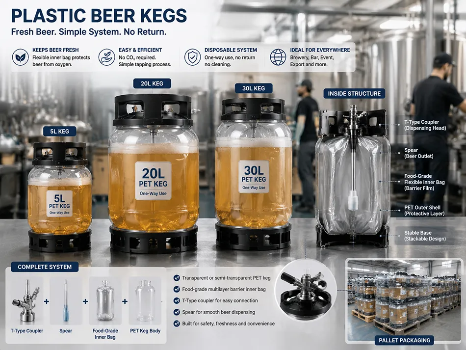 One-way and reusable plastic beer keg packaging systems