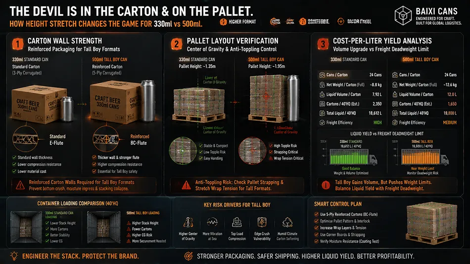 A B2B logistics infographic demonstrating export carton engineering and transport pallet stability for 500ml tall beer cans