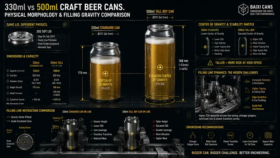 A technical dimension and center of gravity comparison between standard 330ml and 500ml aluminum craft beer cans with identical 202 ends