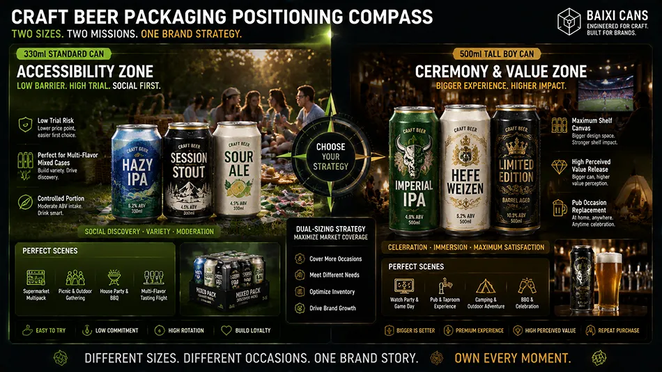 A B2B marketing matrix mapping 330ml and 500ml craft beer cans against beer styles, ABV levels, and retail distribution channels
