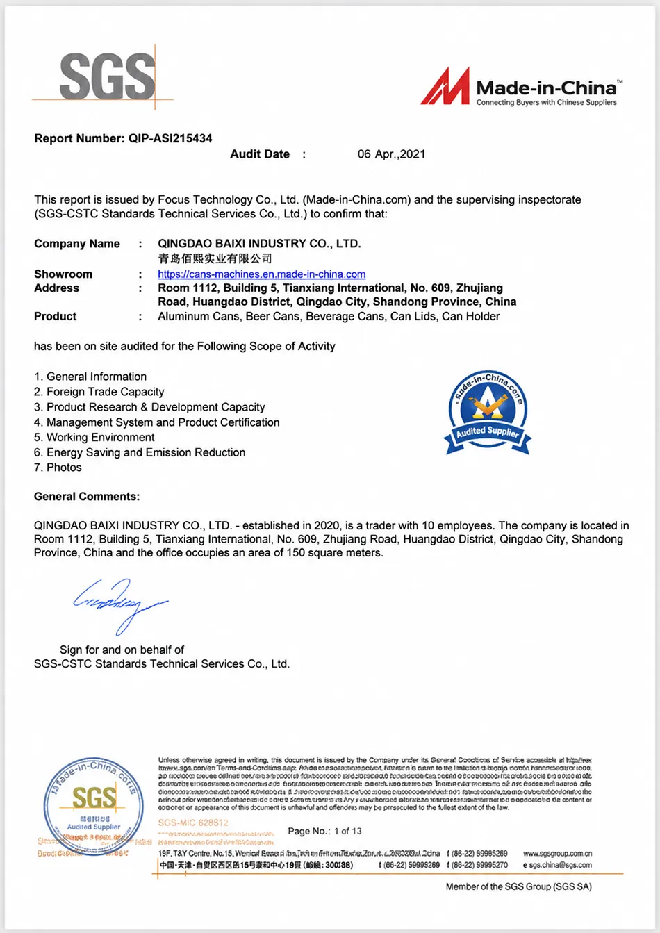 ISO 9001 quality management certificate for an applicable beverage packaging manufacturing site