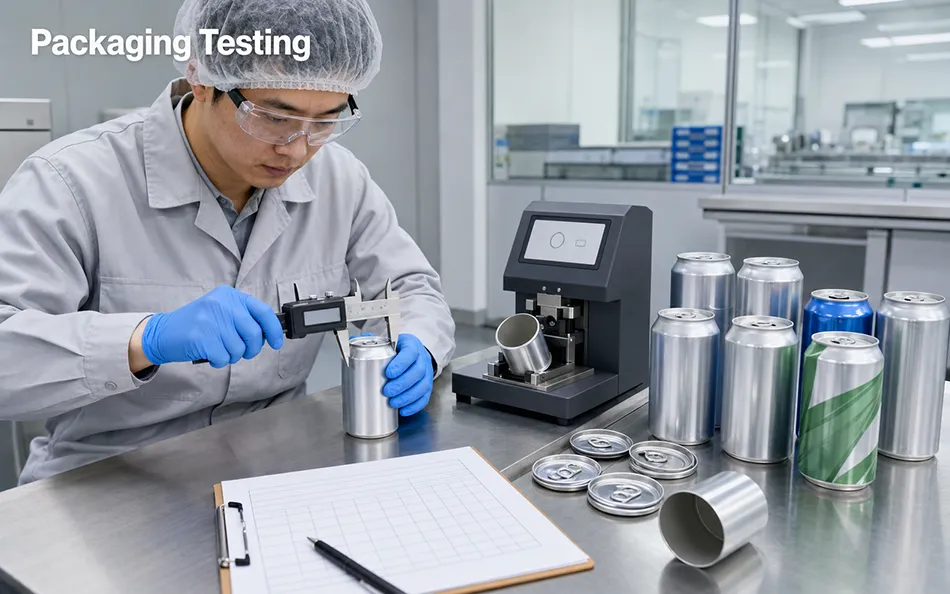 Technician inspecting aluminum beverage packaging with dimensional and leak testing equipment