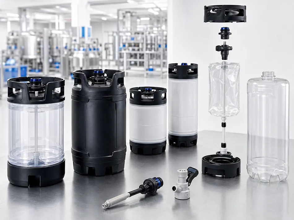 One-way and reusable plastic beer kegs with compatible spear and coupler systems