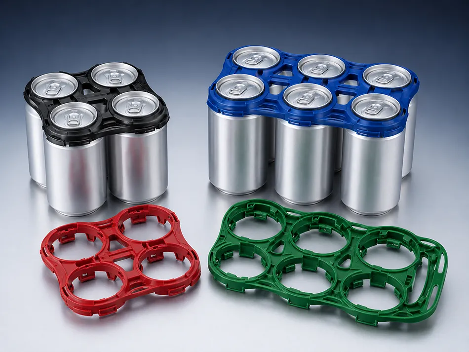 Four-pack and six-pack plastic can holders for compatible beverage cans