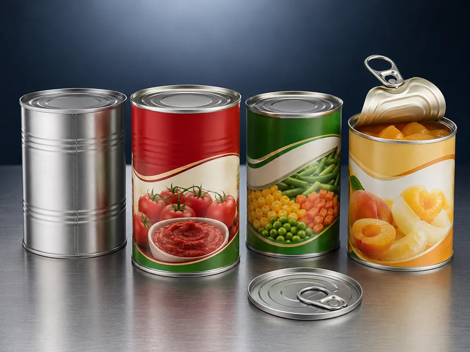 Three-piece tinplate food cans with easy-open ends and custom printed decoration
