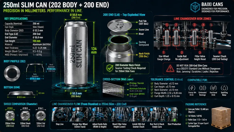A professional 3D technical blueprint showcasing the precise 202 body diameter, 200 end profile, and 134mm height dimensions of a 250ml slim aluminum can