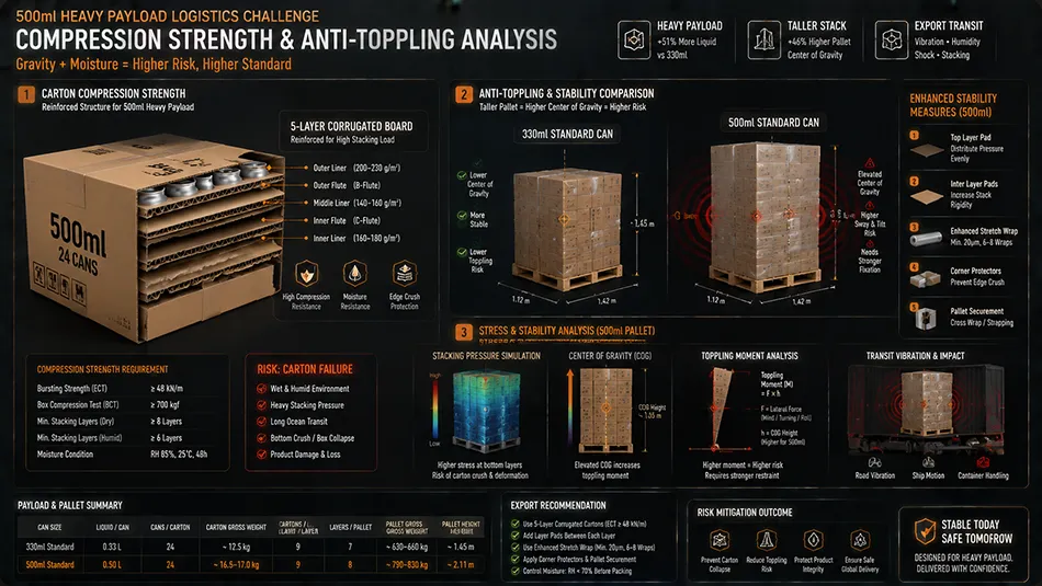 A logistics engineering infographic demonstrating pallet stacking stability and corrugated carton compression strength for heavy 500ml aluminum cans