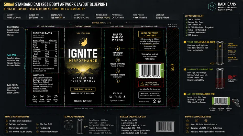 A professional packaging artwork dieline for 500ml beverage cans showing optimal grid layouts and legal warning text placement