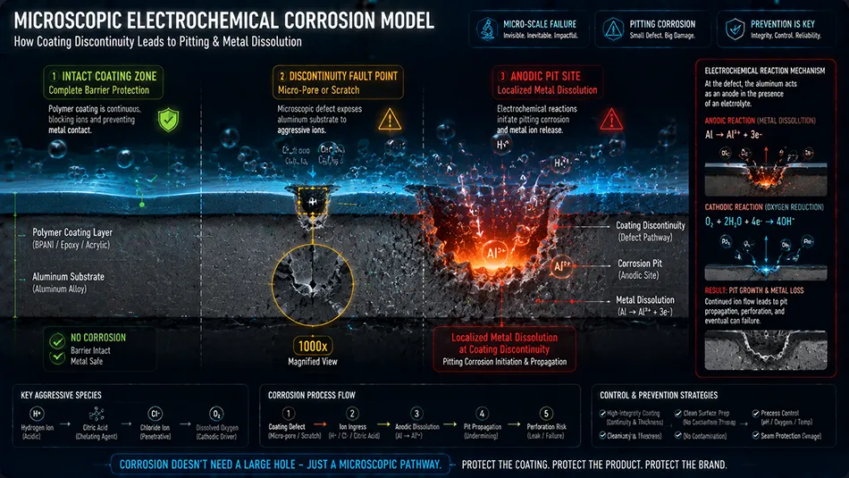 A microscopic 3D cross-section analyzing lacquer disruption, micro-flaws, and localized pitting corrosion under acidic beverage stress