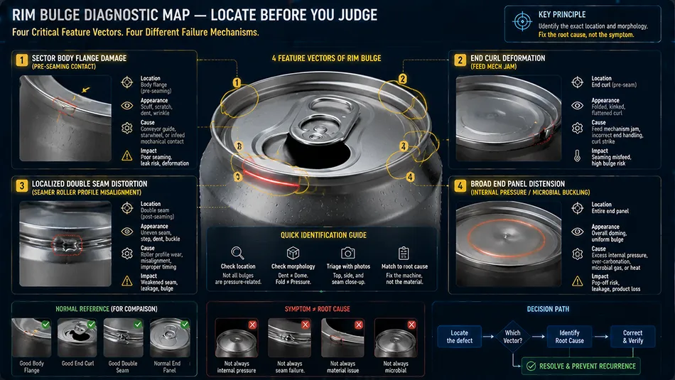 A technical diagnostic diagram pinpointing bulge locations across the can flange, end curl, double seam, and domed end panel