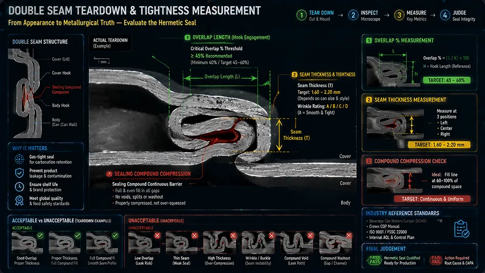 A microscopic seam teardown diagram measuring overlap, seam thickness, body hook, and cover hook for can integrity verification