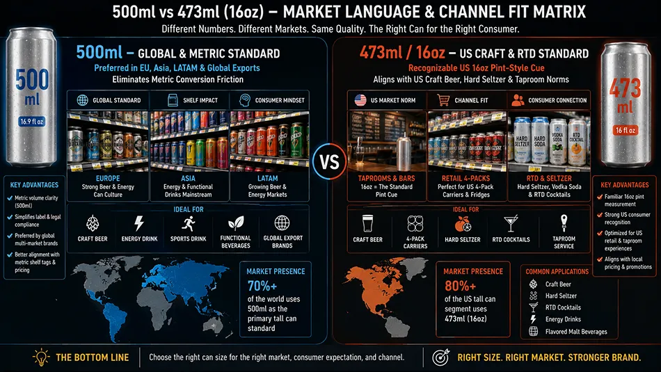 A retail shelf positioning infographic comparing 500ml metric cans for global export against 473ml 16oz cans for US craft beer and RTD channels