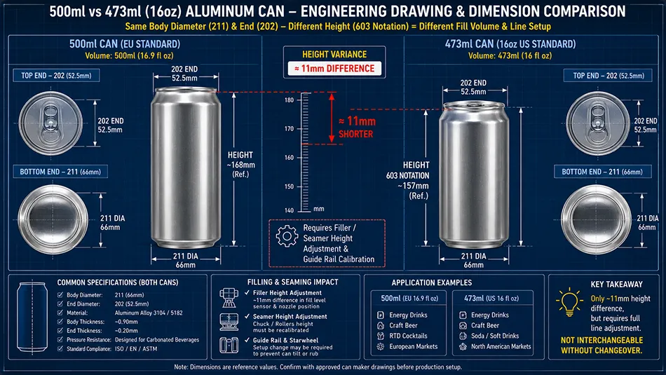 A technical engineering drawing comparing 500ml metric aluminum can dimensions against 473ml 16oz US craft beer can height and 202 end specs