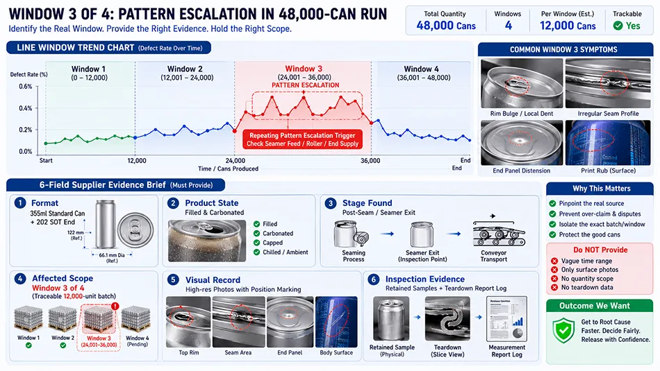 A 6-field supplier-ready defect brief and trend chart tracking repeating scuff patterns across production windows